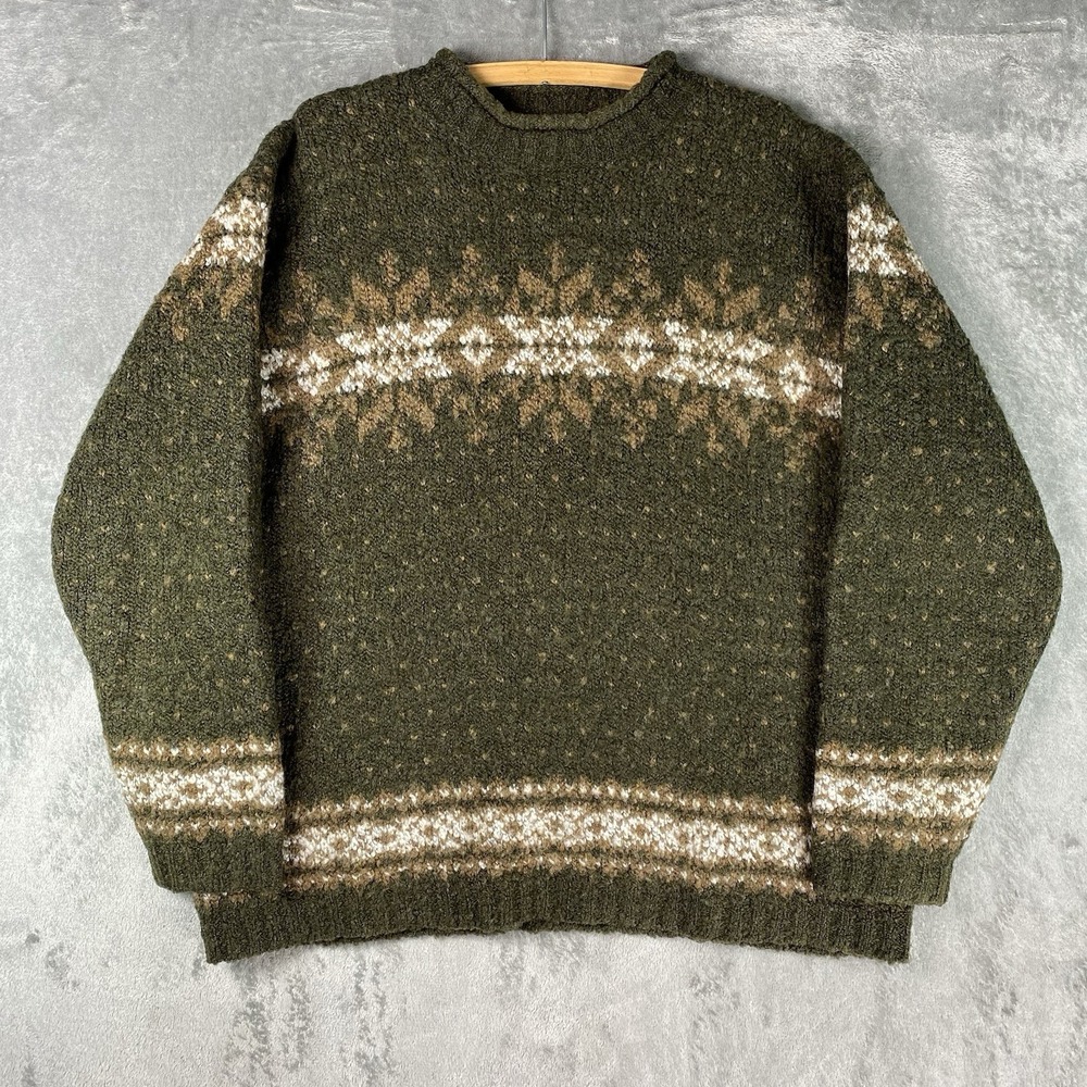 Vintage Structure Sweater Mens L Green Roll Neck Wool Nordic Fisherman 90s Urban